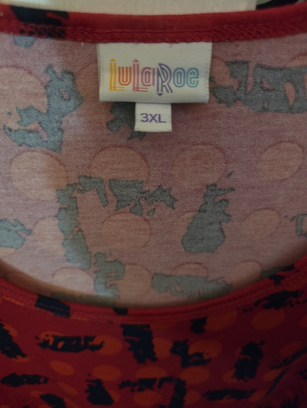 LuLaRoe Irma Red Tunic with Navy Abstract Shapes - Picture 2 of 3